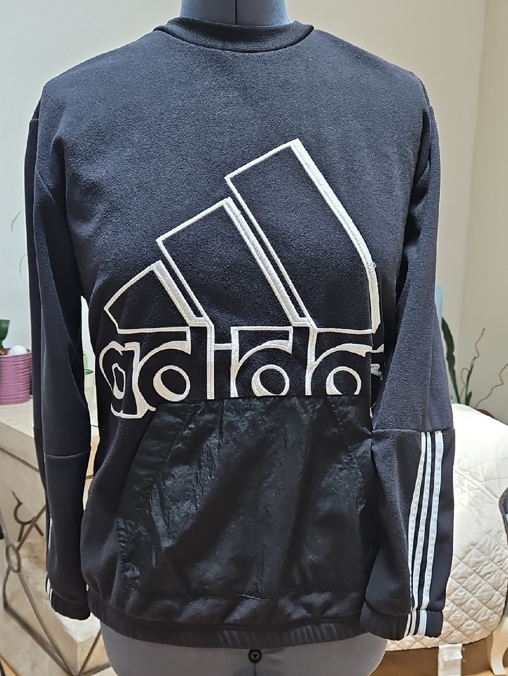 adidas Black Crewneck Sweatshirt with White Logo and Stripes
